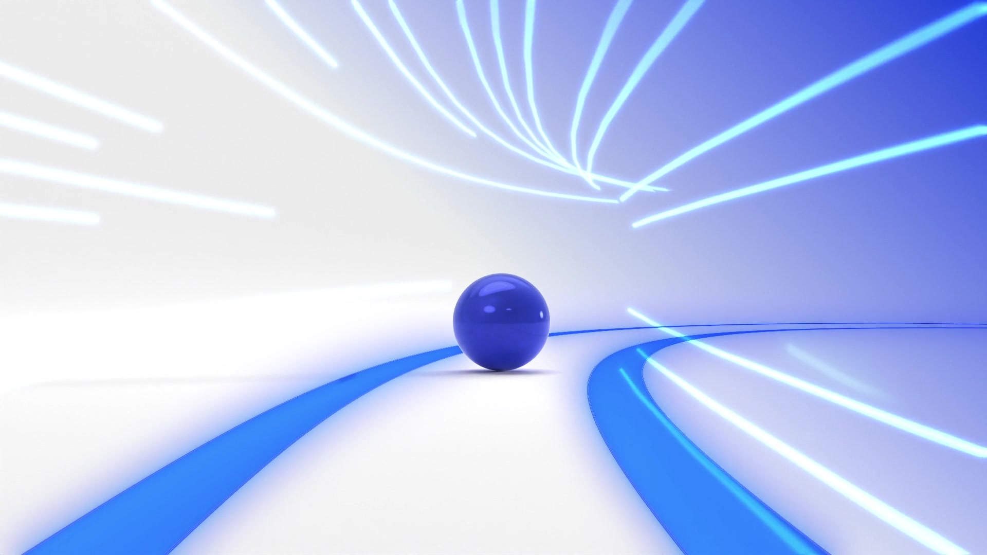 A glossy blue sphere at a junction of blue tracks, with luminous paths branching overhead